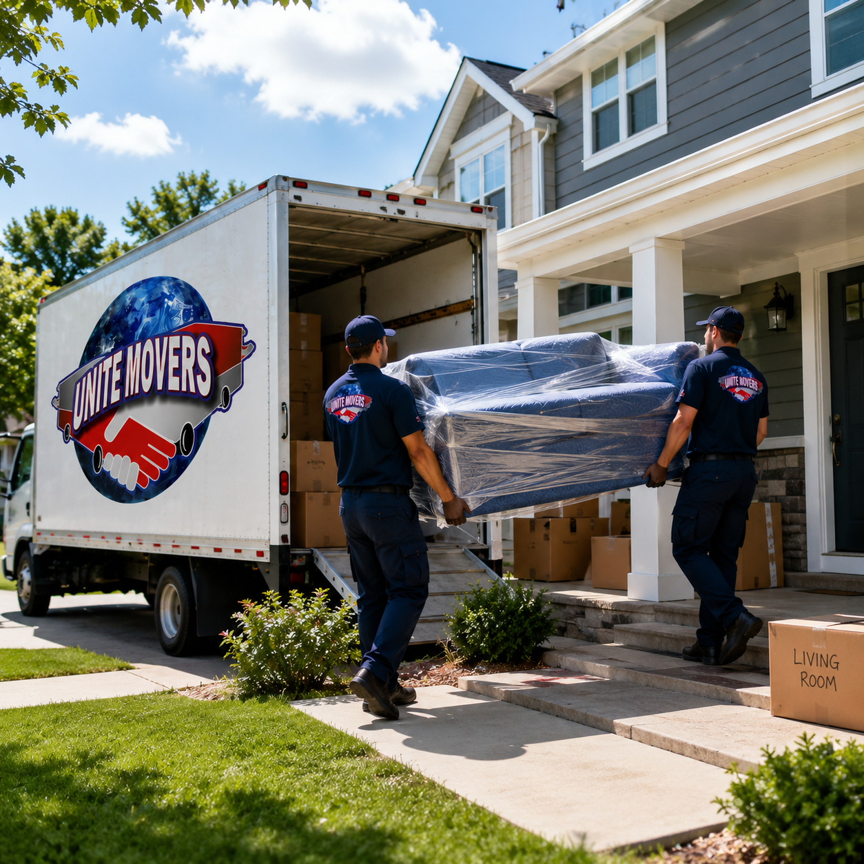 Unite Movers professional crew loading a clean white moving truck in Fresno, CA