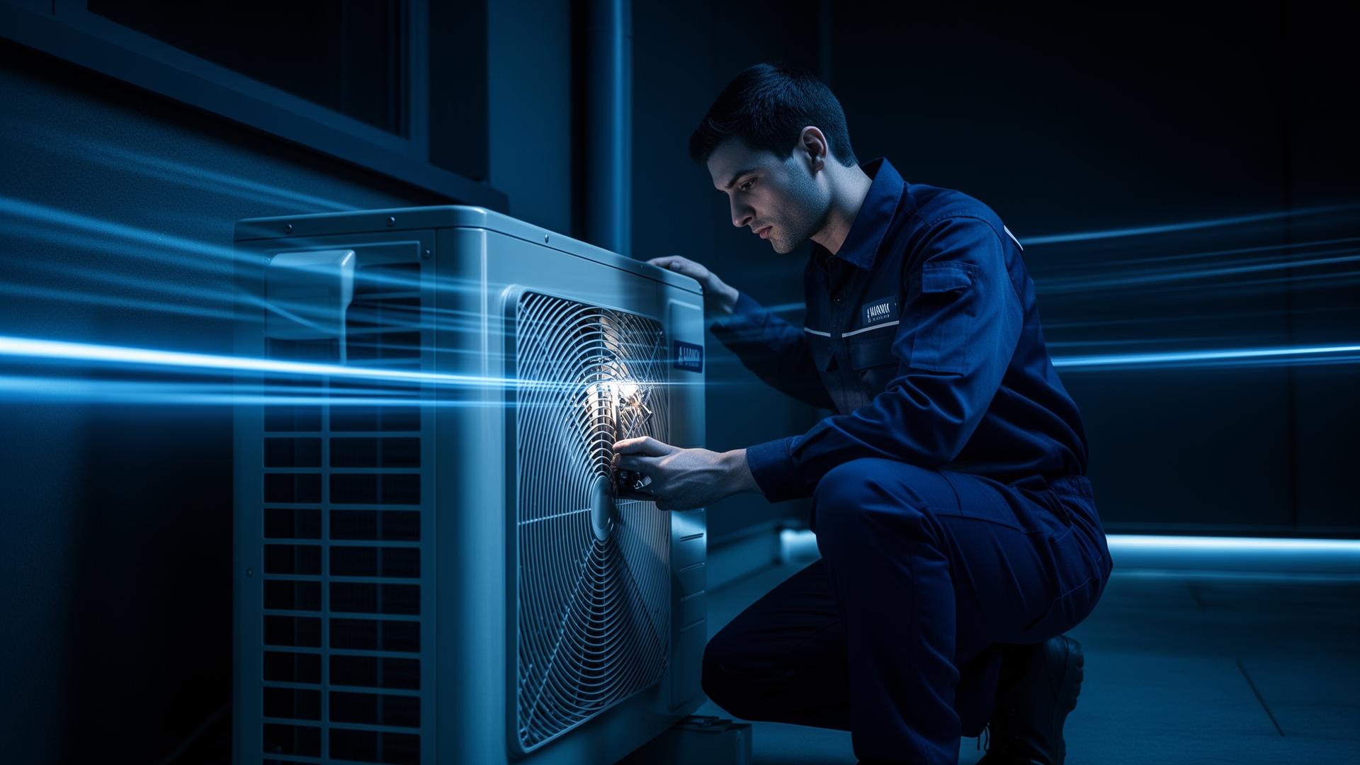 HVAC technician servicing modern outdoor air conditioning unit