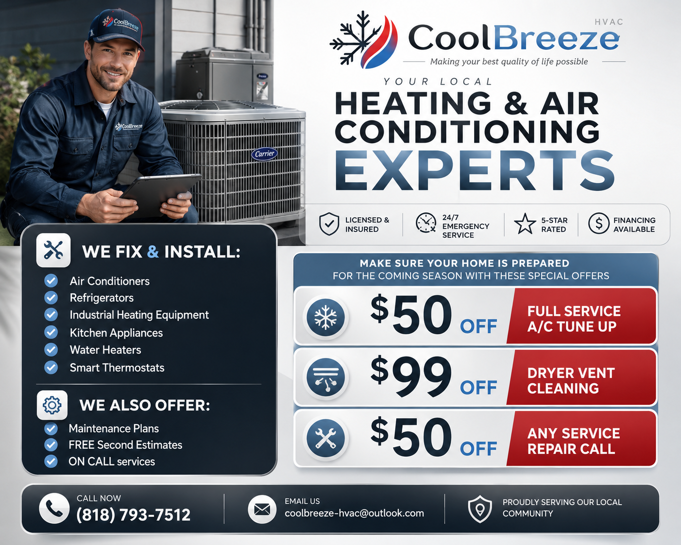 CoolBreeze HVAC seasonal promotions flyer